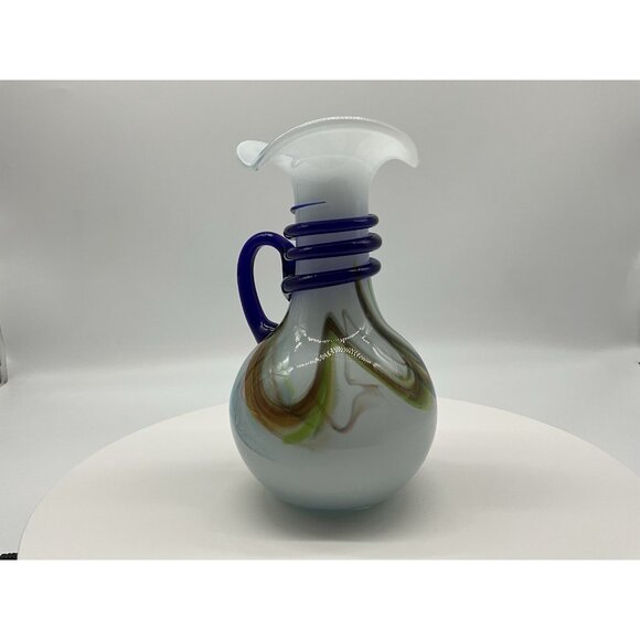 Murano Style Hand Blown Glass Pitcher With Cobalt Blue Rope And Handle Vintage - Picture 6 of 16